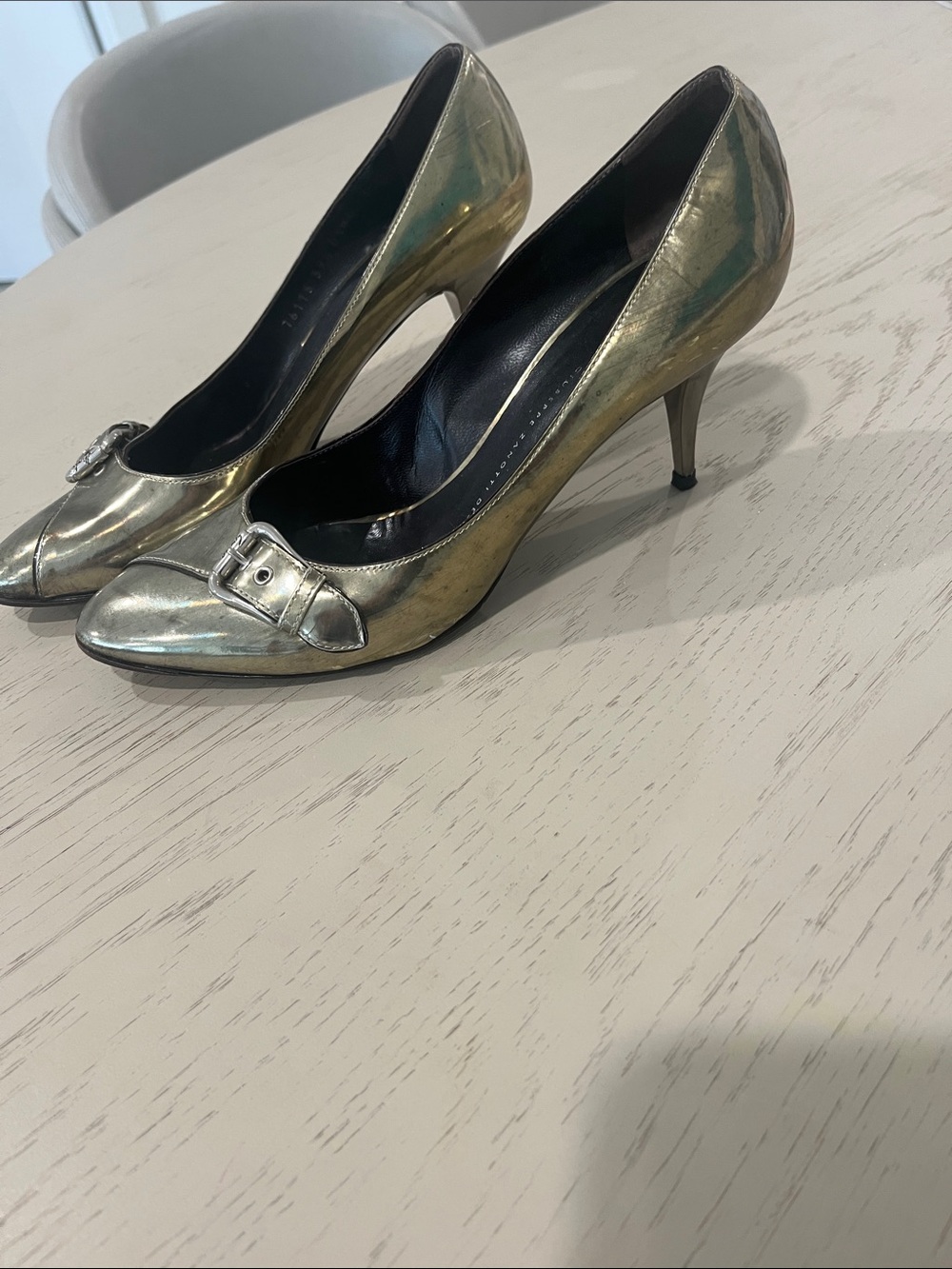 Giuseppe zanitti design Metallic Gold Pointed-Toe Pumps with Buckle Accent